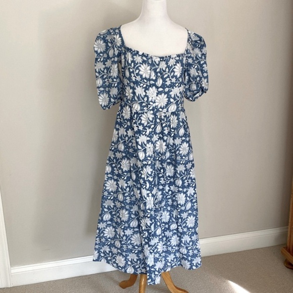 NWOT Beau & Ro Blue White The Jillian Floral Cotton Batik Handprint A-Line Dress